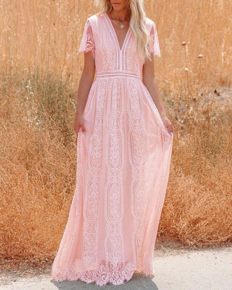 ROBE BOHÈME CHIC ROSE EN DENTELLE - SAVANA